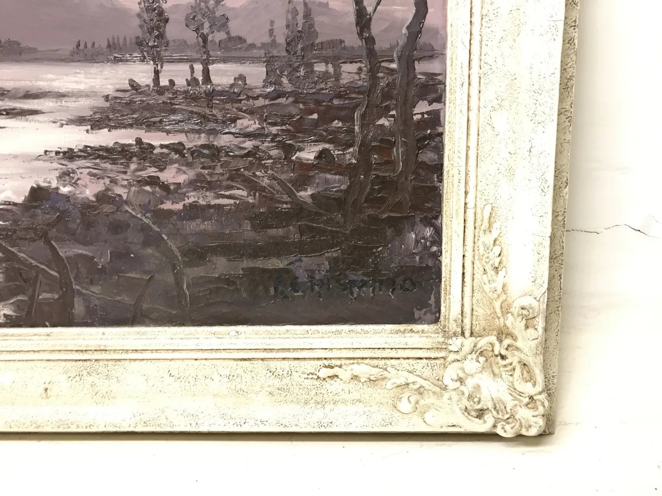 Pintura antigua Crispino de un paisaje sereno con árboles