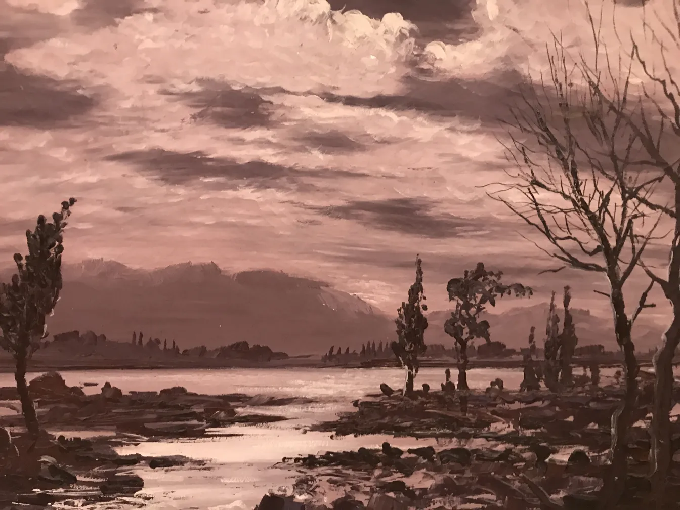 Peinture Crispino ancienne d'un paysage avec arbres et ciel nuageux