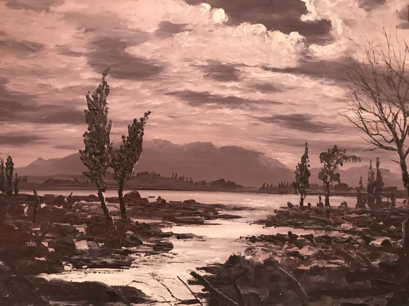 peinture Crispino avec des paysages et des arbres en teintes terracotta