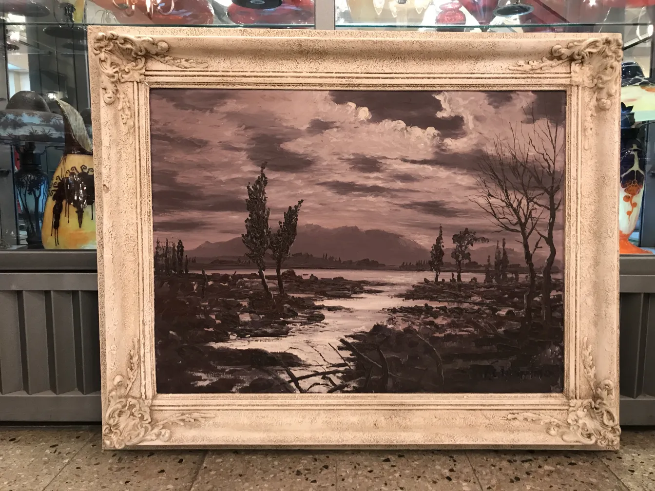 古董绘画 Crispino 风景，包含海洋和树木