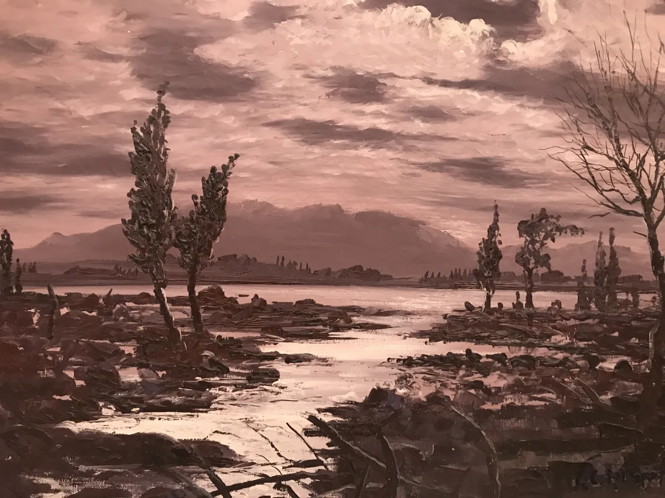 braun getöntes Landschaftsbild mit Bäumen und einem See