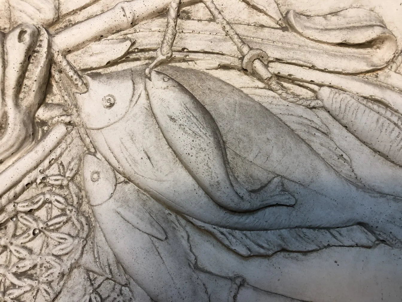 detail of antique wall plate featuring relief fish and patterns