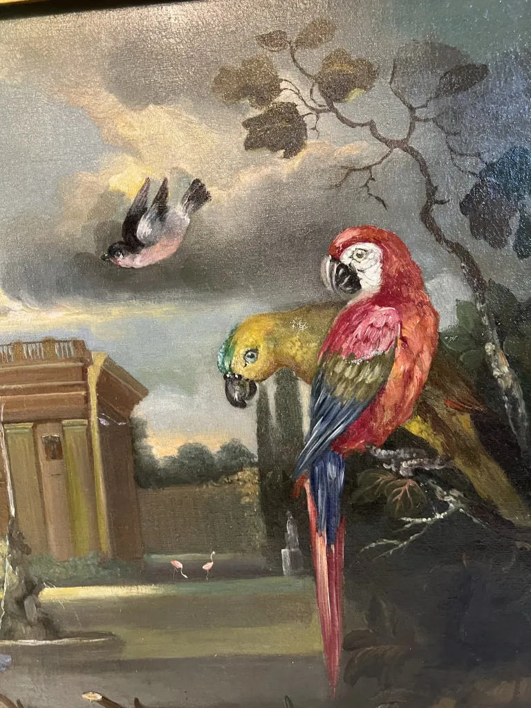 dipinto antico di uccelli colorati in un contesto naturale