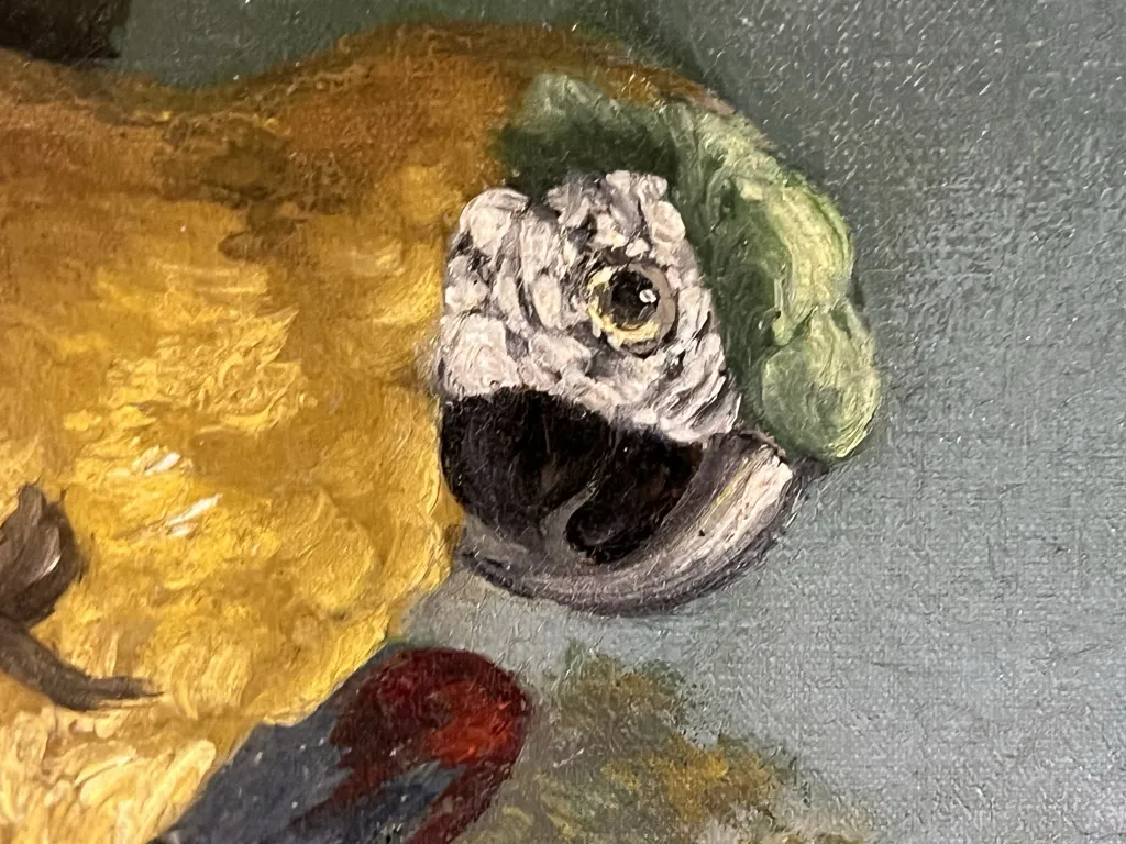 ancient painting featuring a beautiful colorful bird