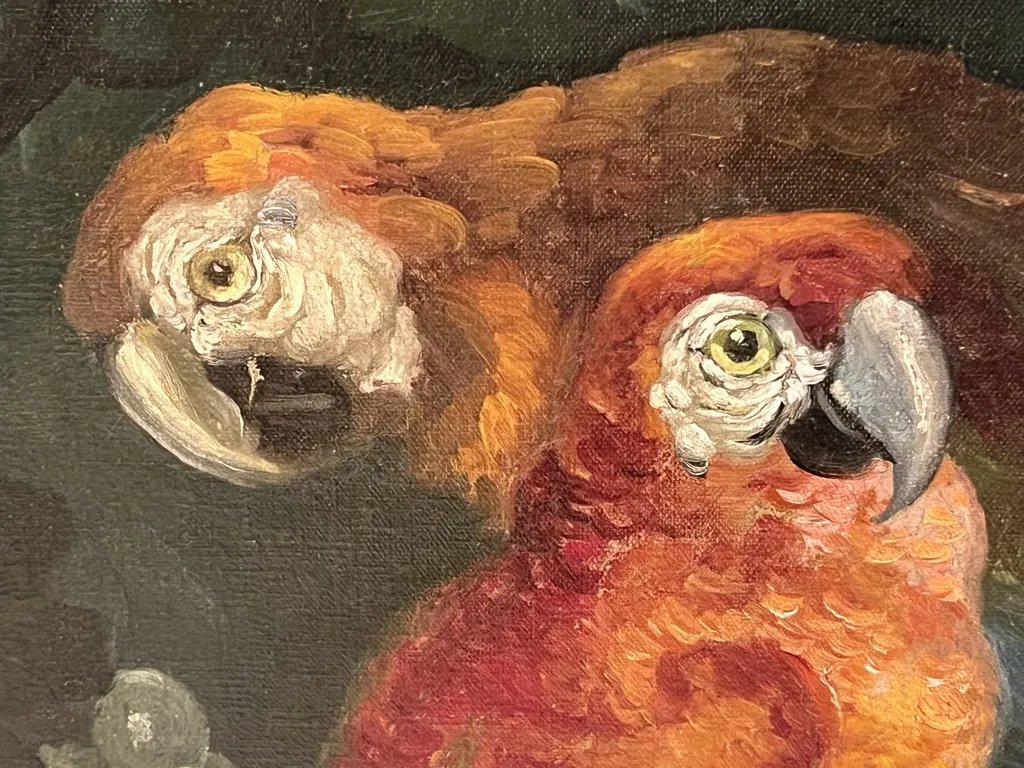 Antique painting of birds with vibrant colors and detail.