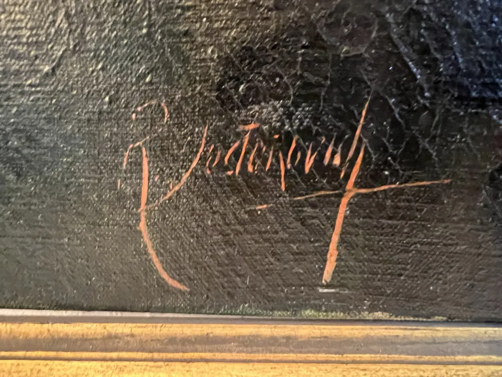 Antikes Gemälde mit Unterschrift, dunkle Farben und Texturen.