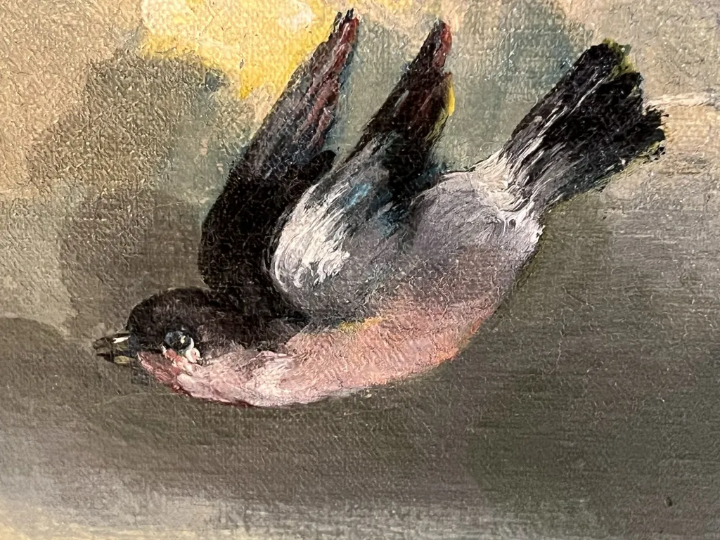 alte Malerei eines fliegenden Vogels in sanften Farben