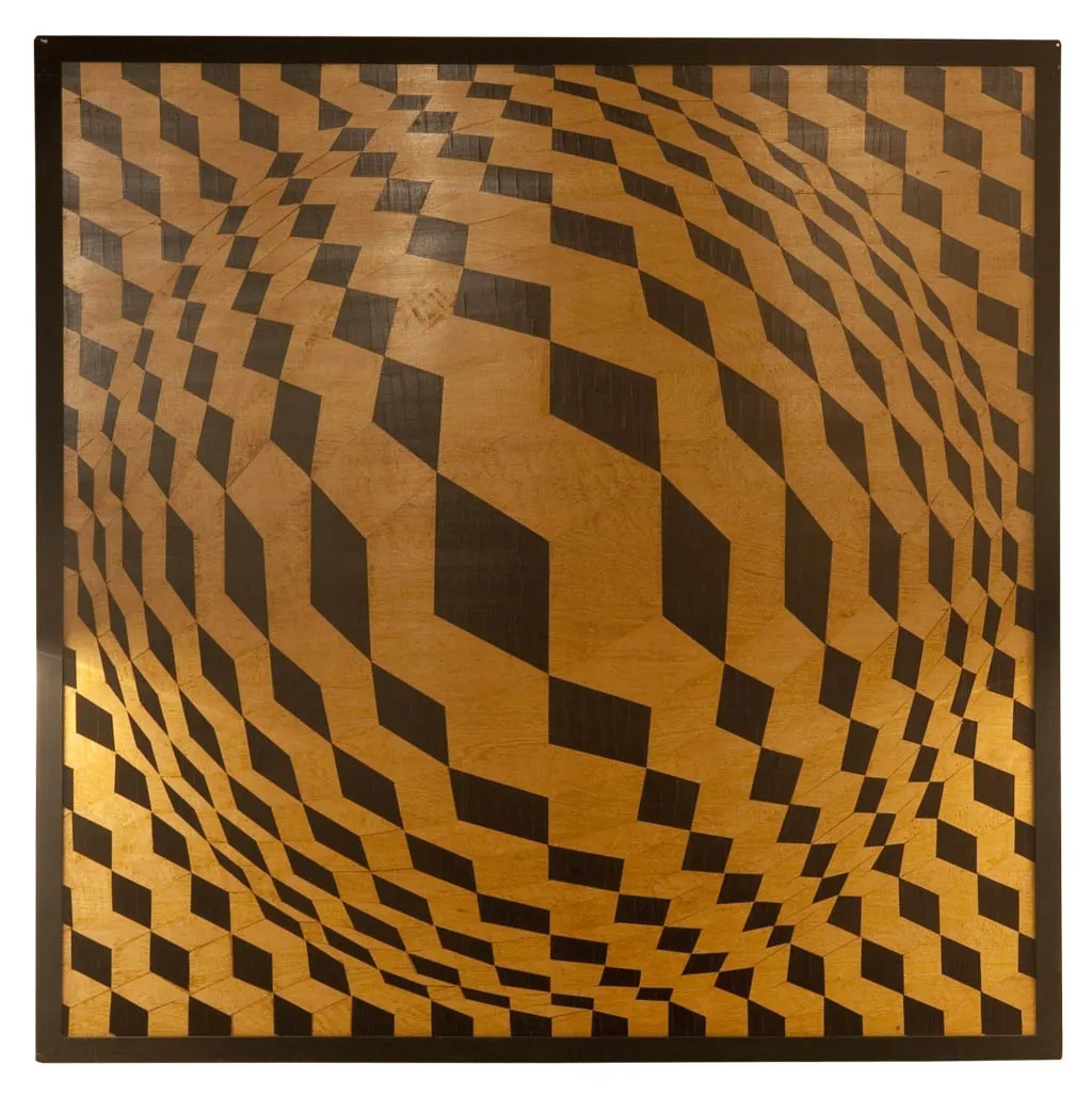 design geometrico di intarsio antico con tonalità scure e chiare, stile vivace