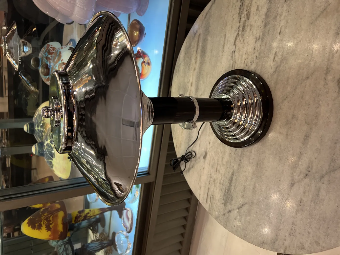 2 antique table lamps with chrome base and shiny shade