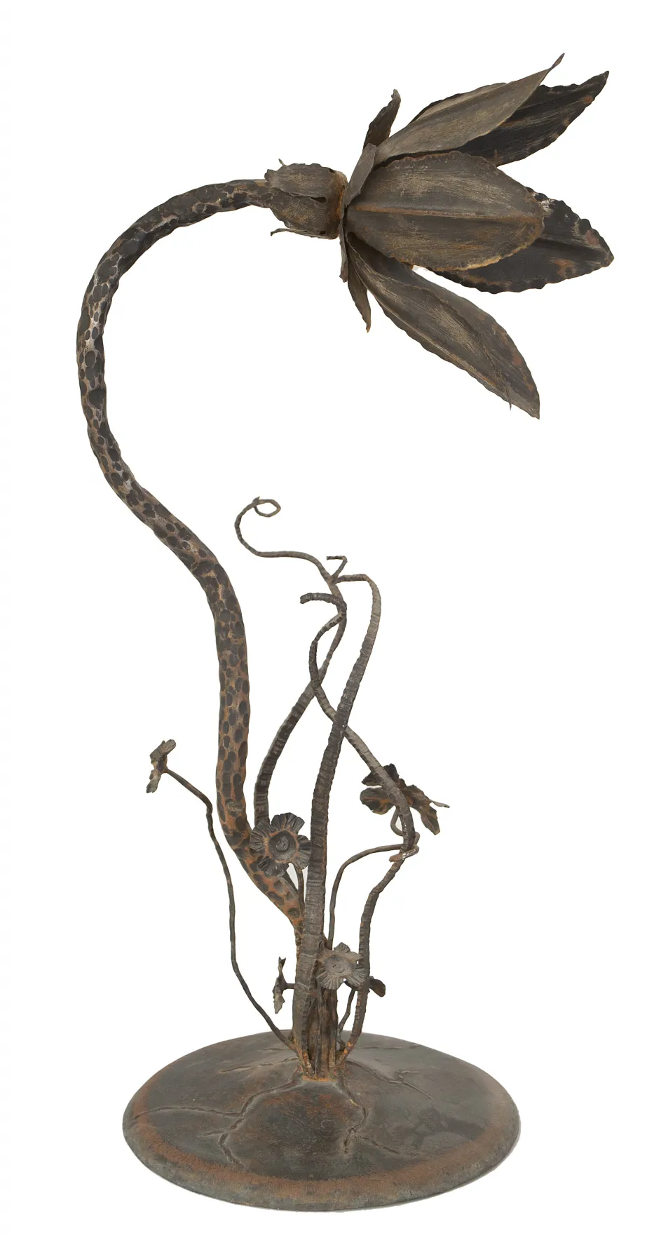 antique table lamp with floral design and sturdy base, cozy environment