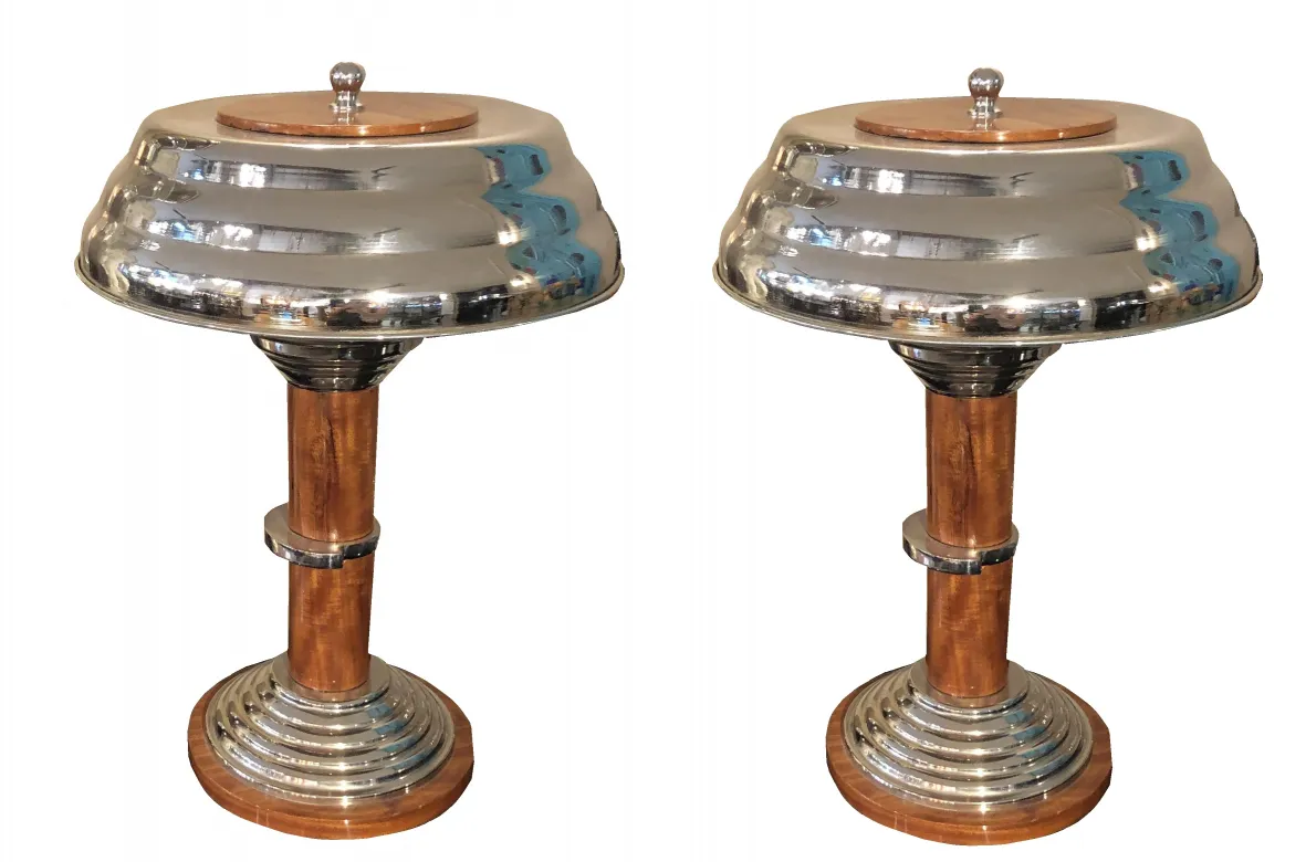 Set of 2 antique table lamps with shiny decorative bases.
