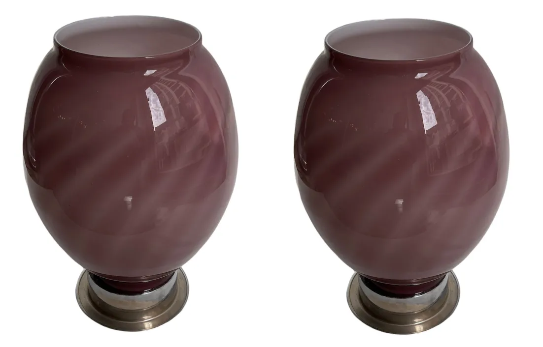 two antique table lamps in purple color, with metal base.