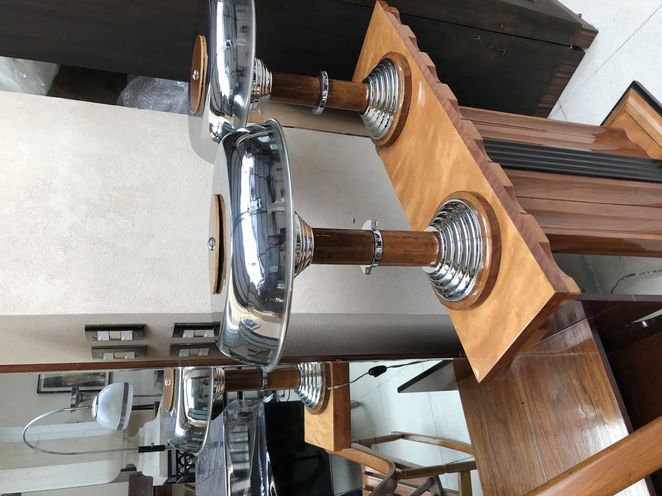 two antique table lamps with metal and wood bases