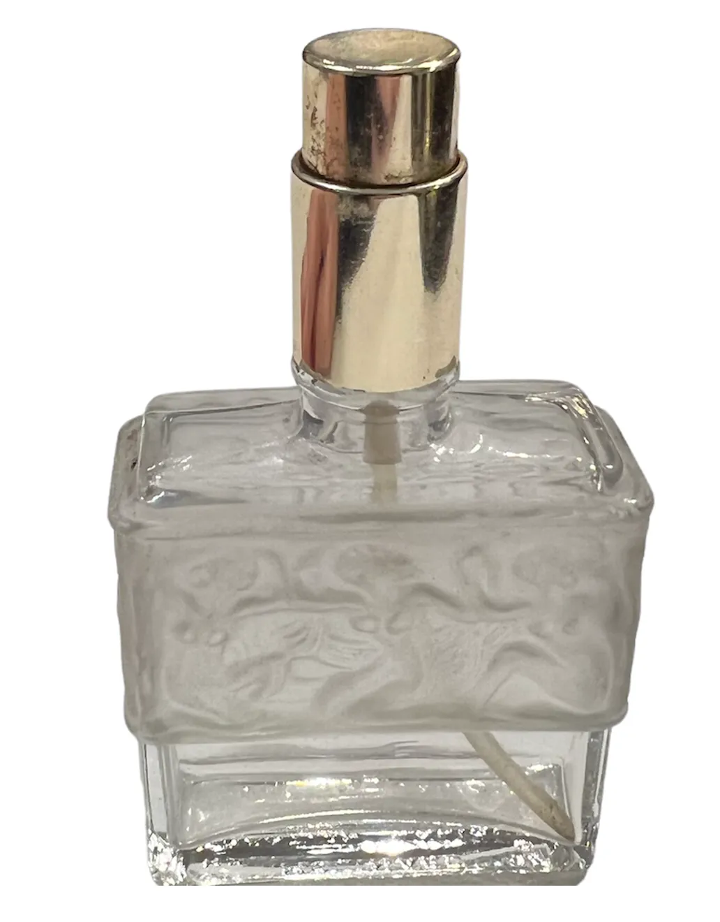 frasco de perfume antigo, forma quadrada, design delicado