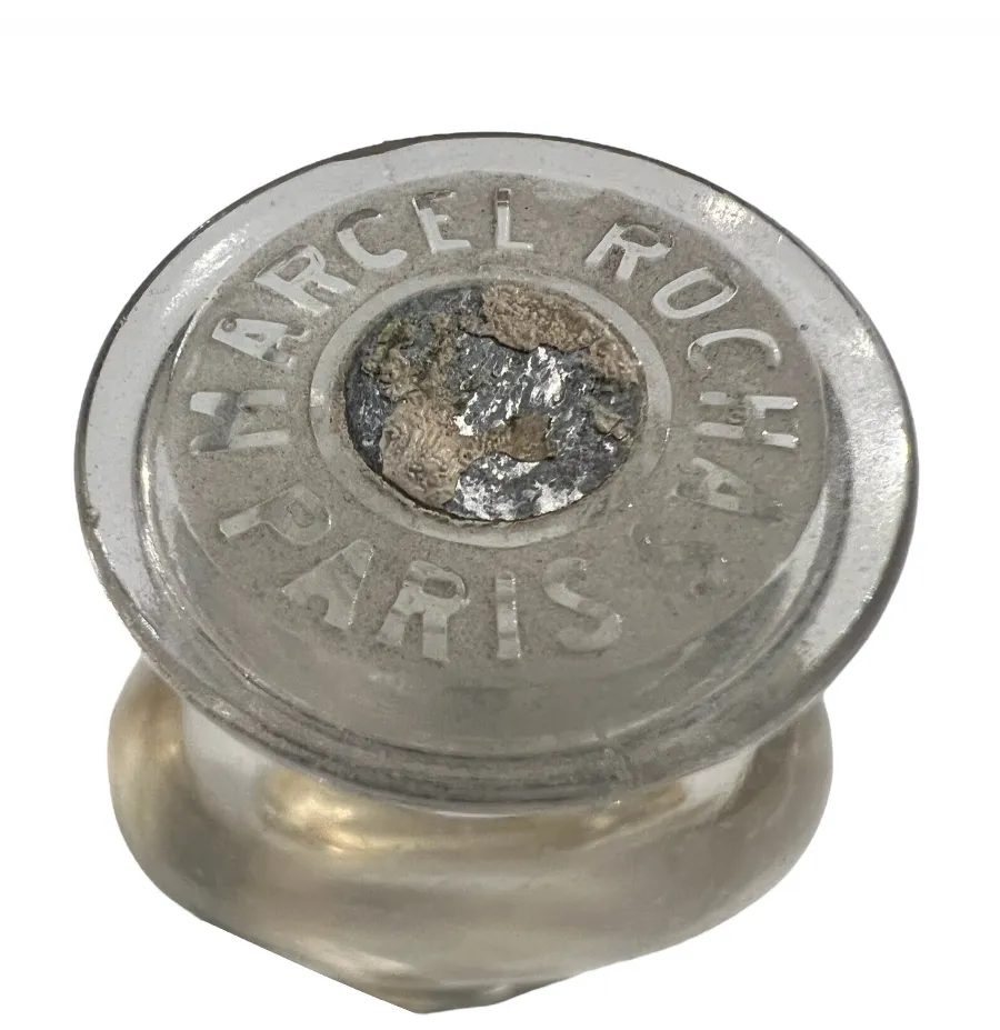 Frasco de perfume antiguo con tapón distintivo de París, Marcel Rucha.