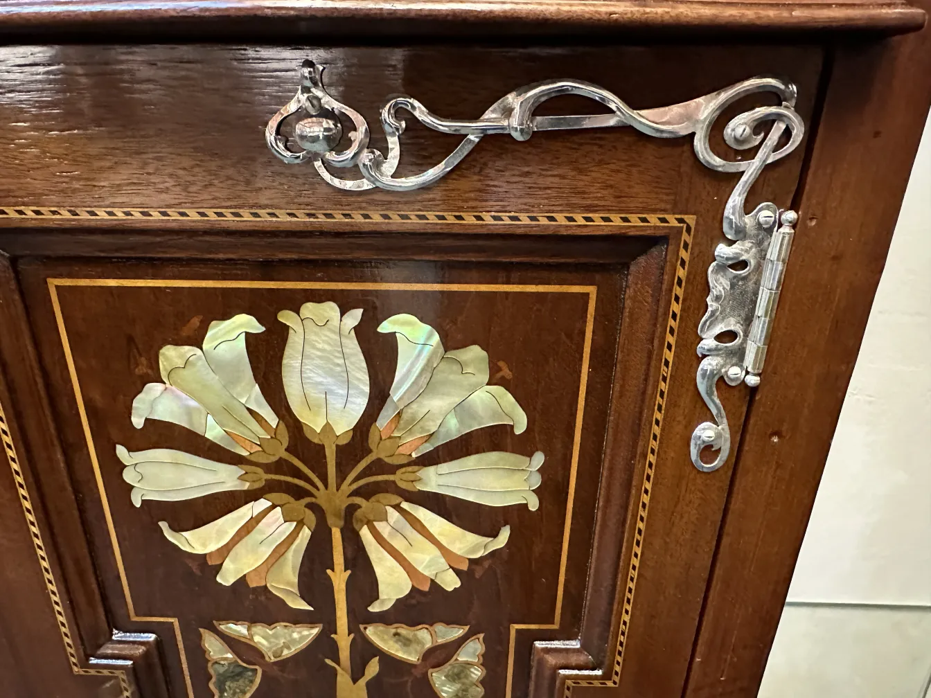 antique display cabinet with floral design and period hardware, Shapland & Petter
