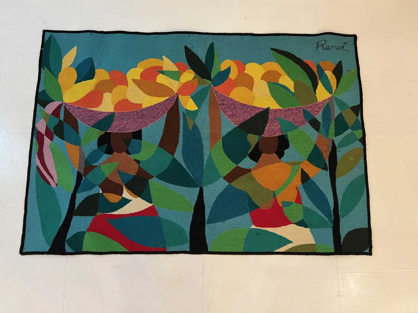 antique colorful tapestry featuring figures and vibrant nature