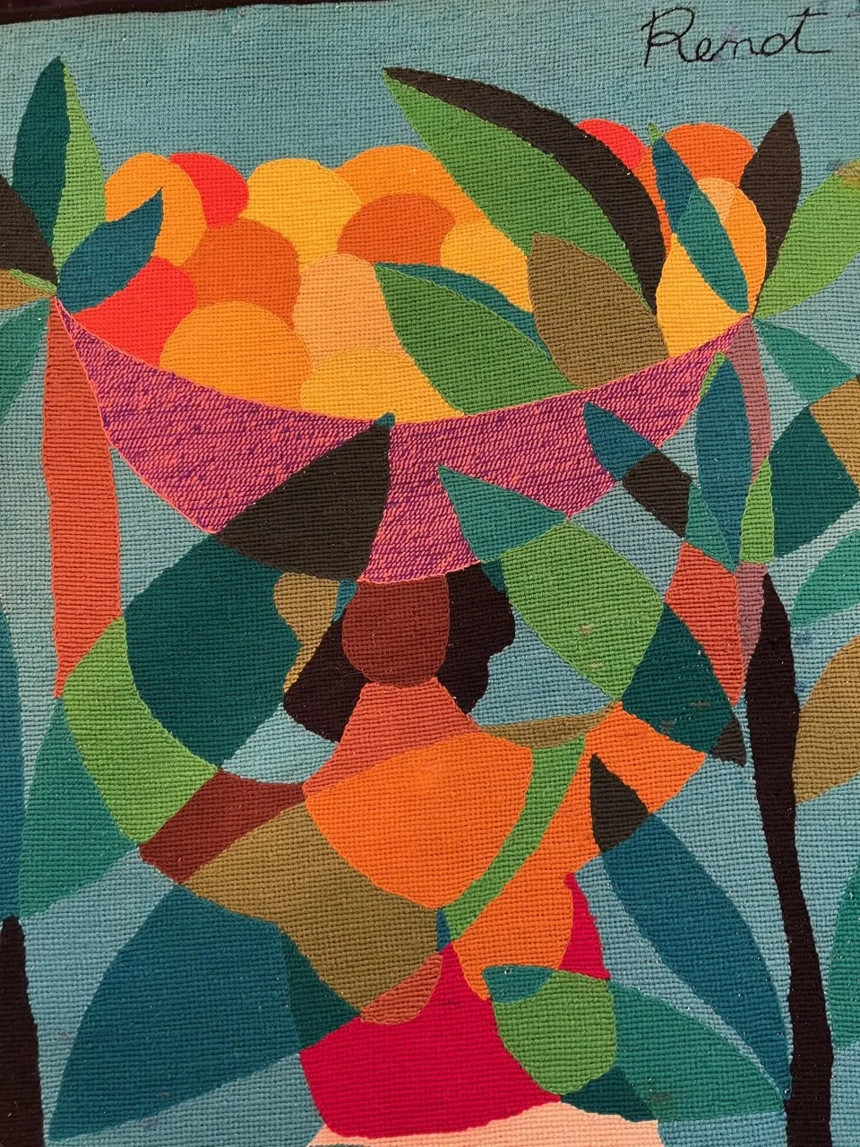 антикварный гобелен с красочными пейзажами и абстрактным дизайном, голубой фон