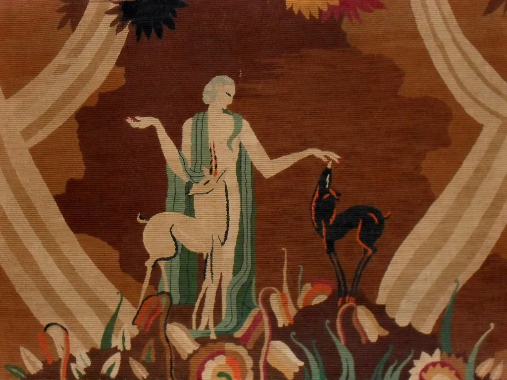 tapiz antiguo con ciervo y perro en un fondo decorativo