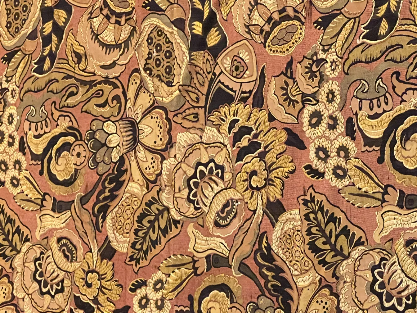 antique tablecloth with floral pattern in warm colors