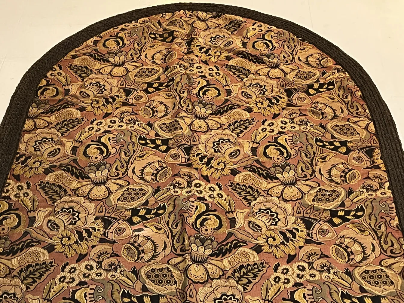 toalha de mesa antiga com padrão floral colorido e borda escura