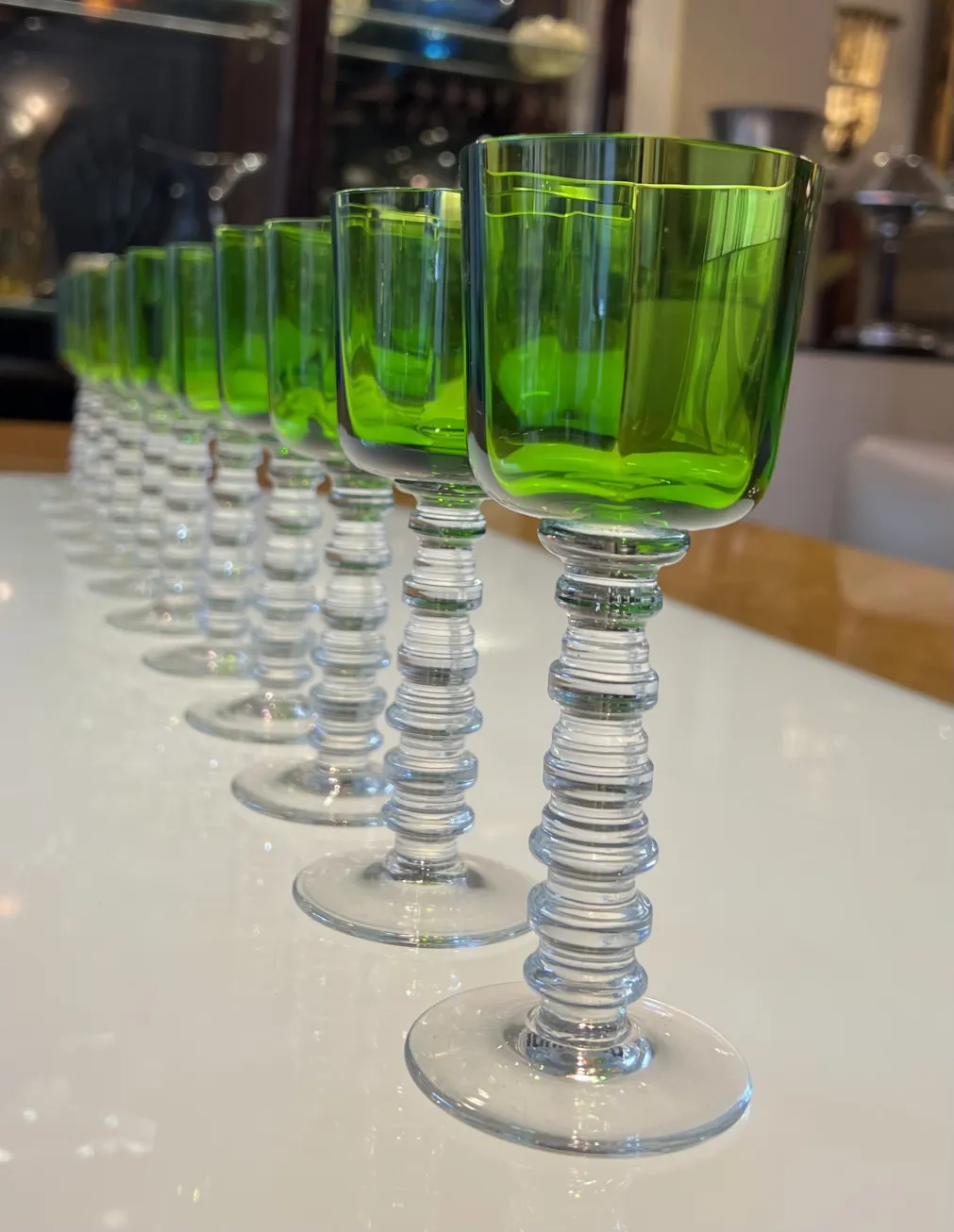 Set of 12 antique Querandi glasses, green and elegant.