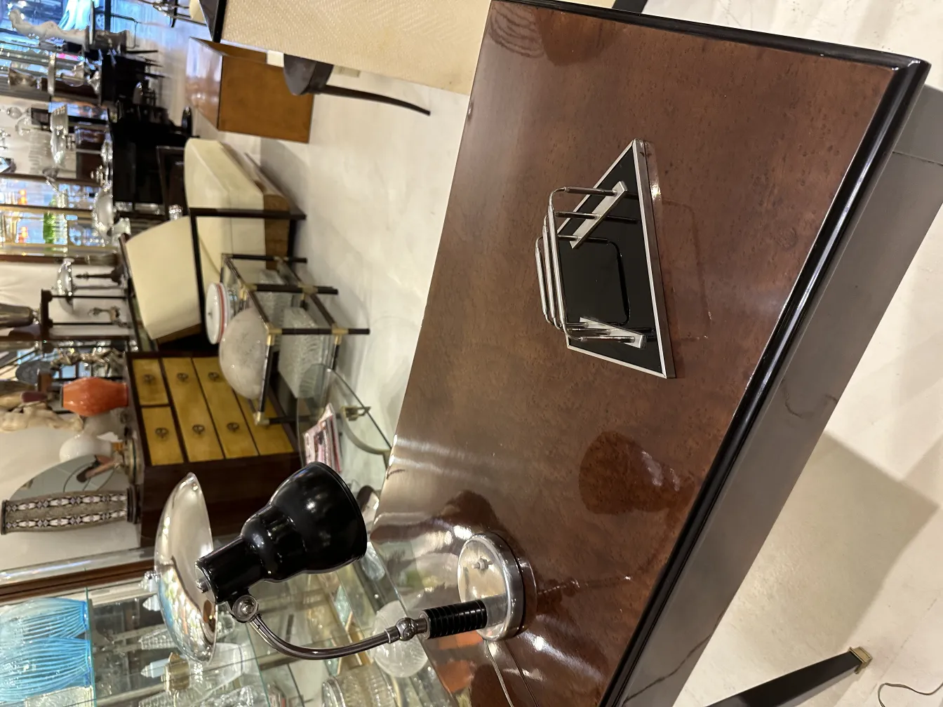 antique WMF card tray on a desk with a lamp