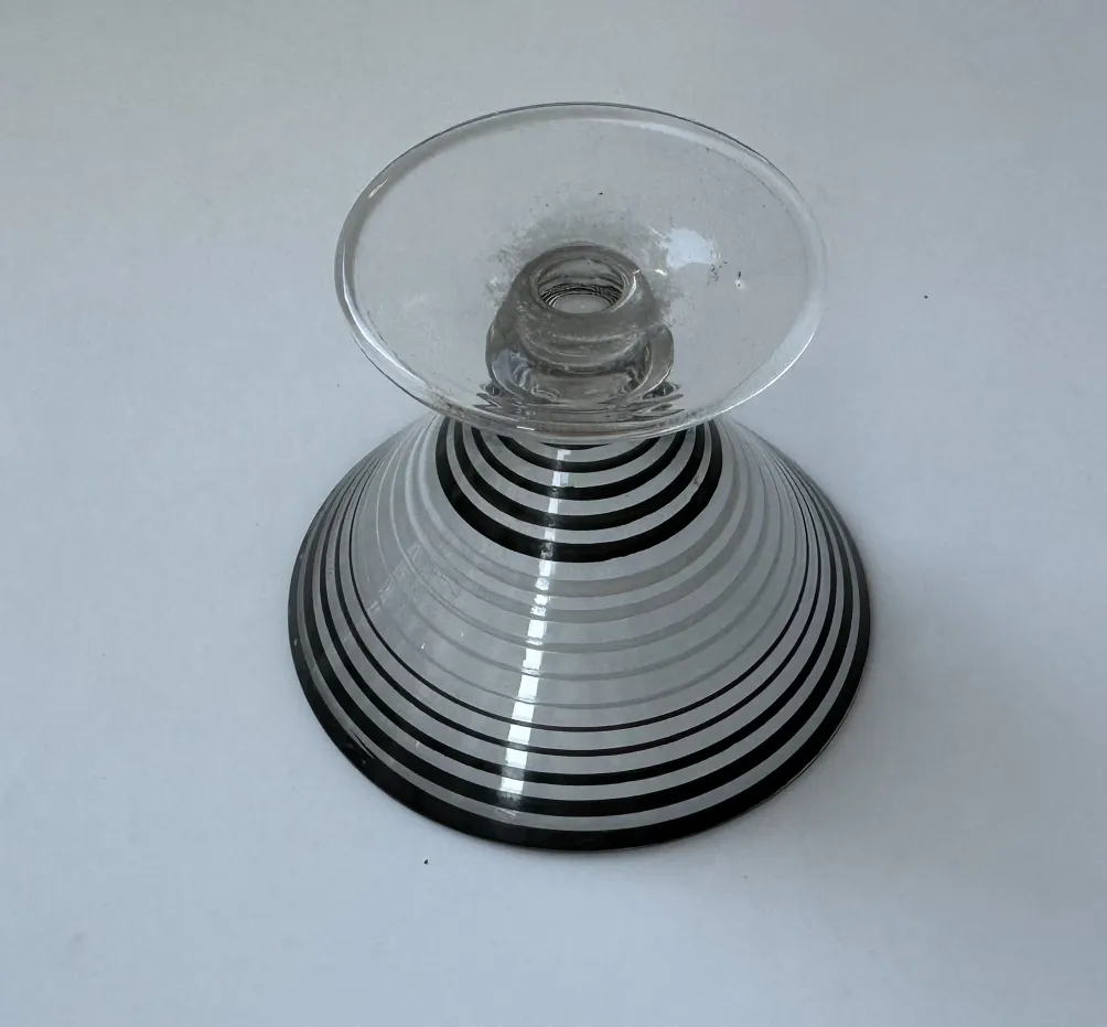 antique liqueur decanter and 6 glasses with black and transparent stripes