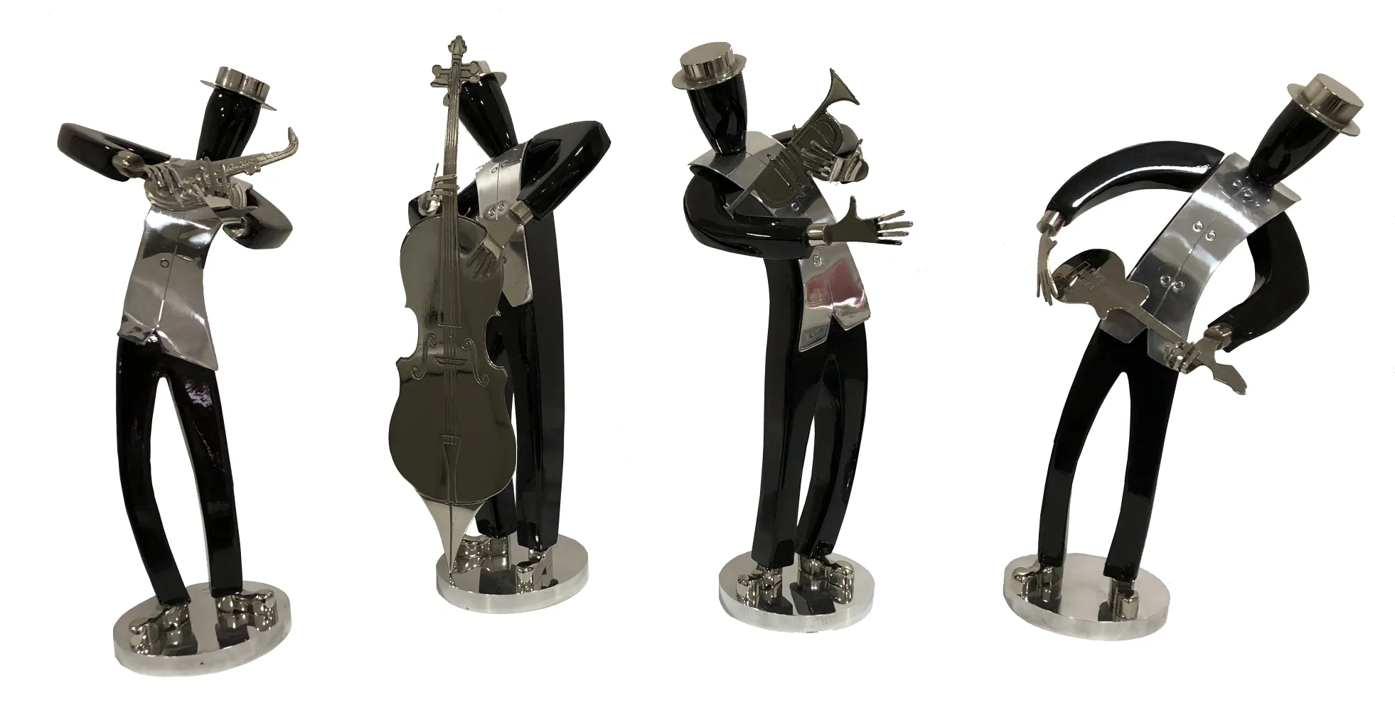 sculptures of musicians in a music band with shiny details