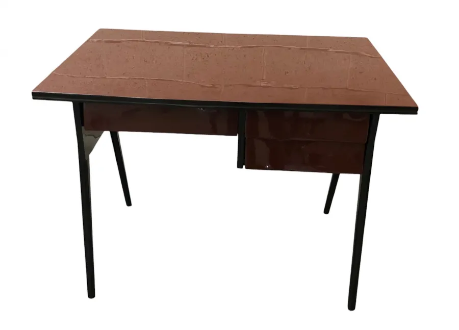 antique desk with a brown top and drawers