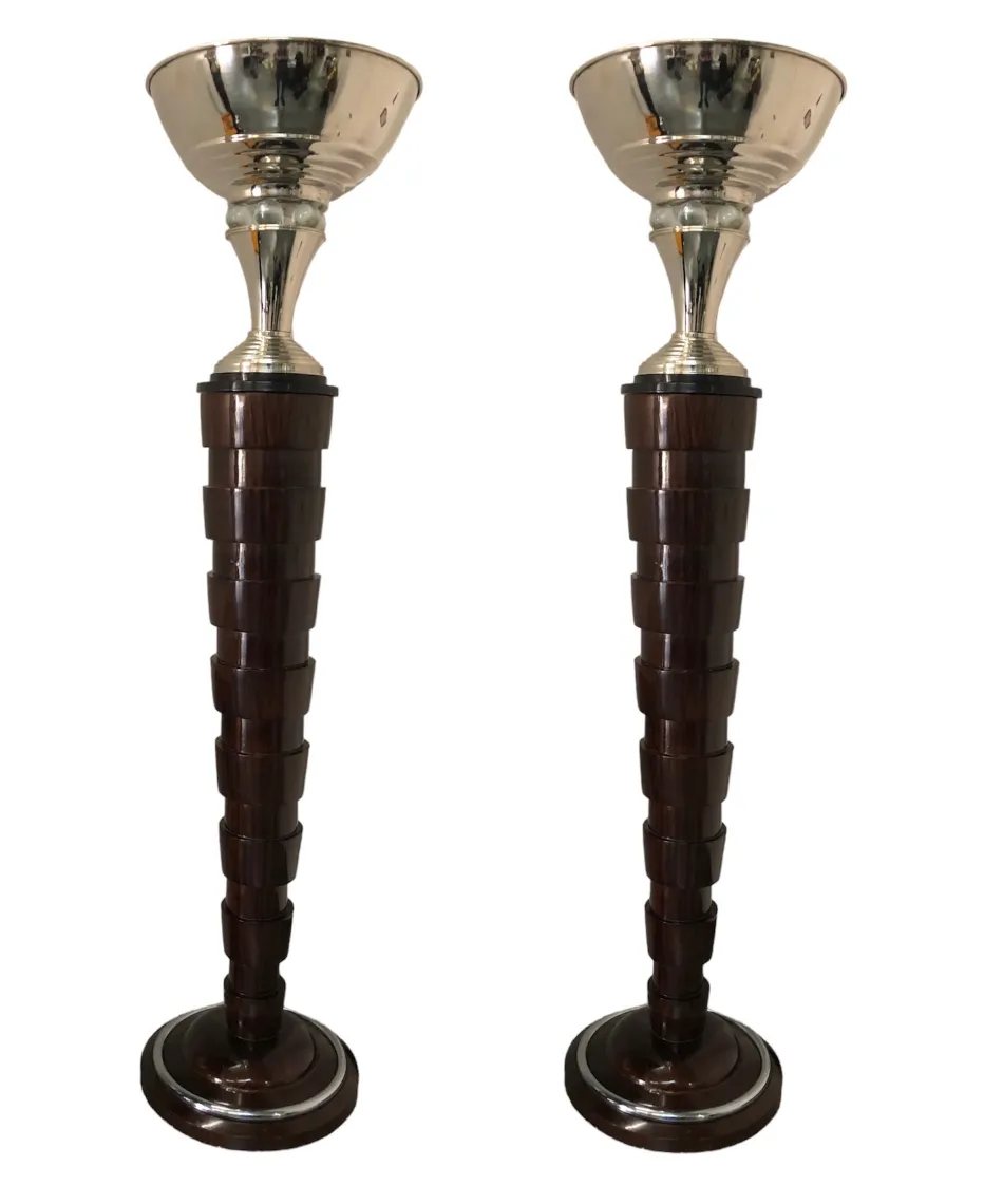 Group of 2 antique floor lamps with turned bases and shiny metal domes, suitable for decoration