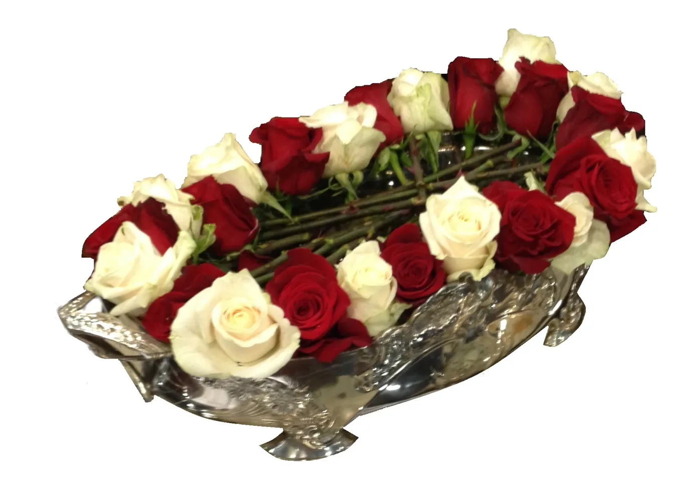 centro de mesa antigo Gallia decorado com rosas vermelhas e brancas