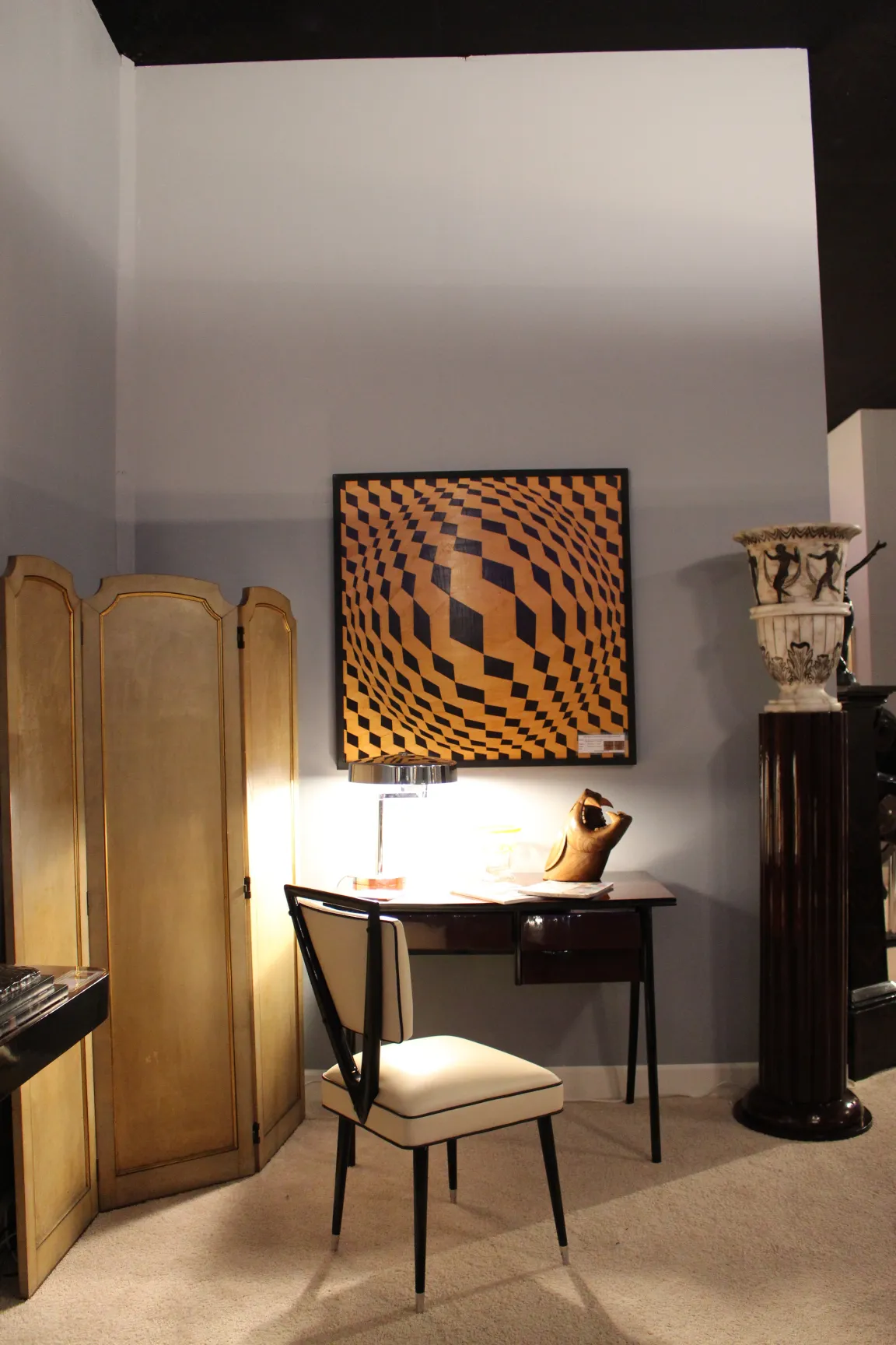 antique marquetry with geometric pattern in a vintage setting