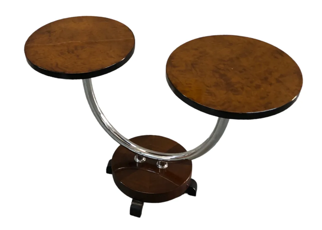 Antique small table with two round tops, stylish and practical.