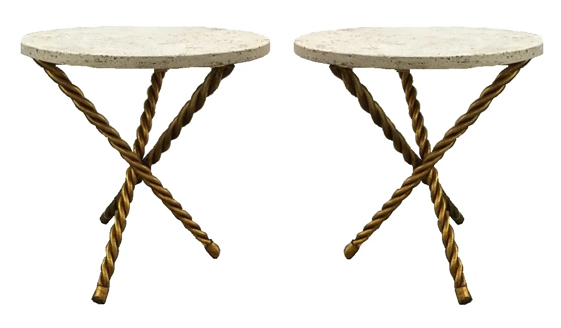 Set of 2 antique small tables with decorative golden base.
