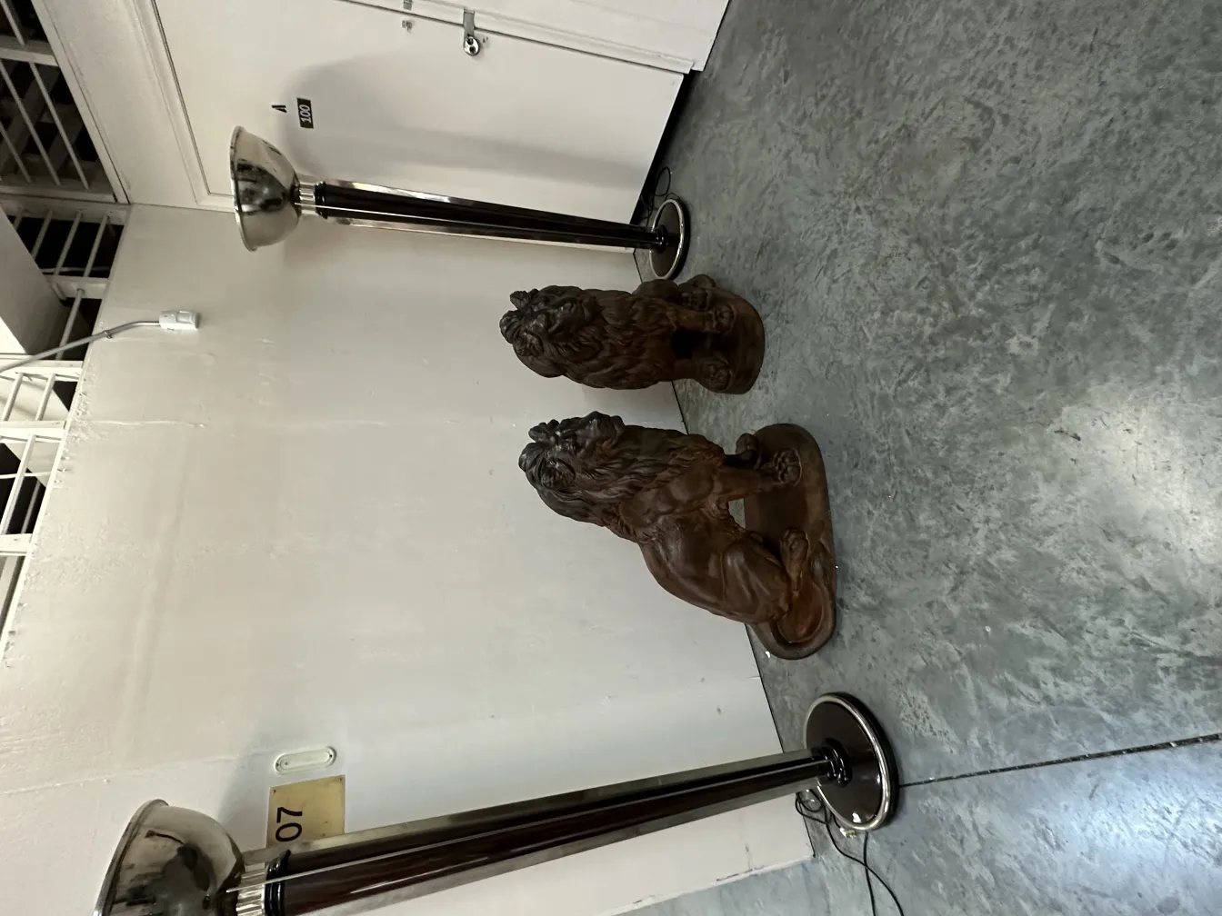 램프와 함께 전시된 두 개의 조각사자