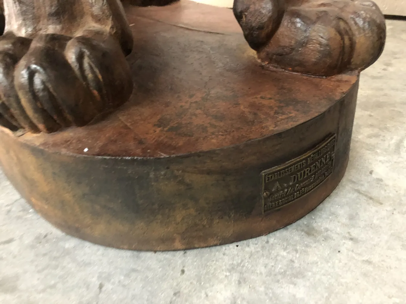 antique sculpture of 2 lions, A. Durenne, round base