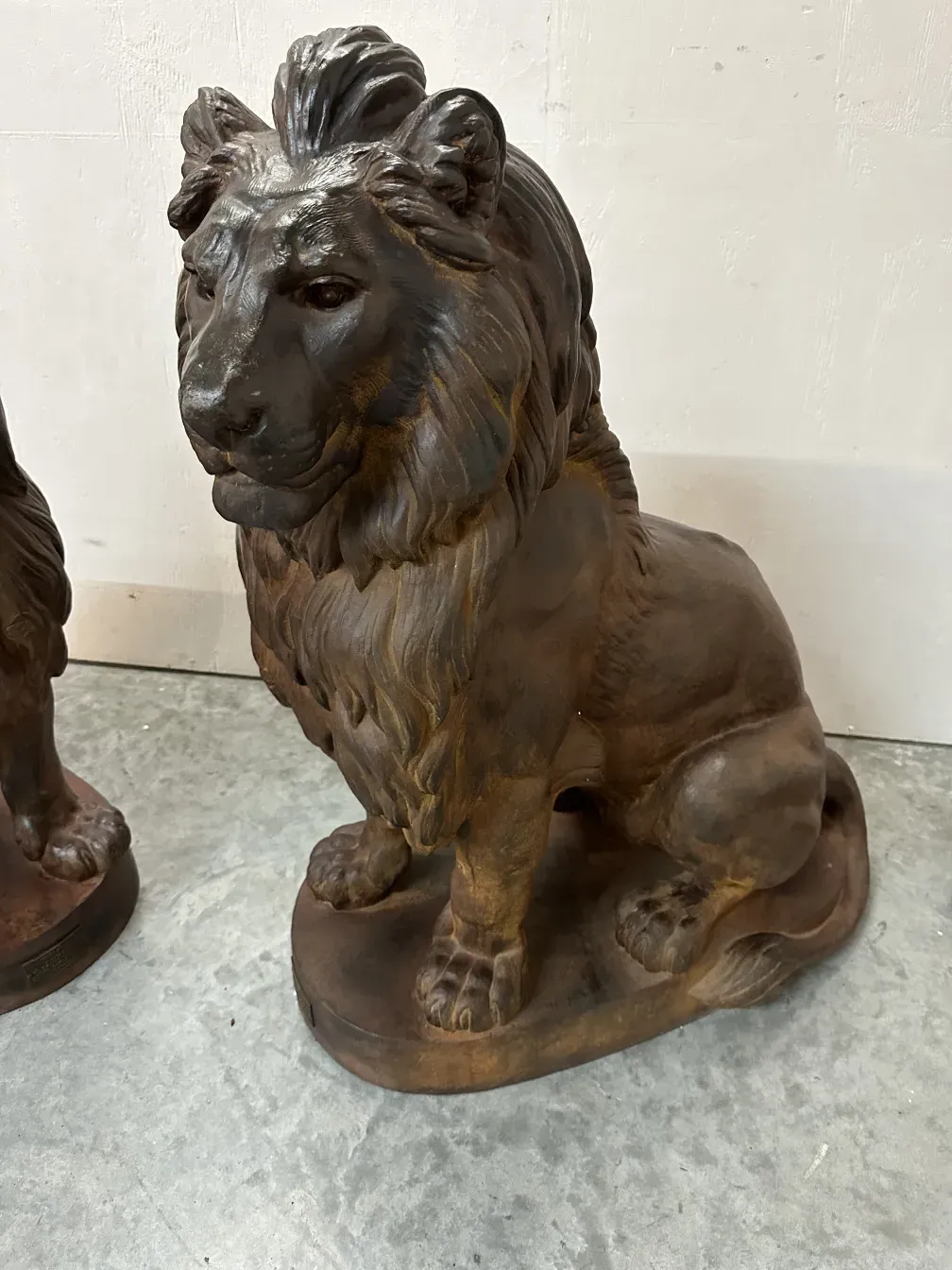 antique sculpture of two lions by A. Durenne with detail