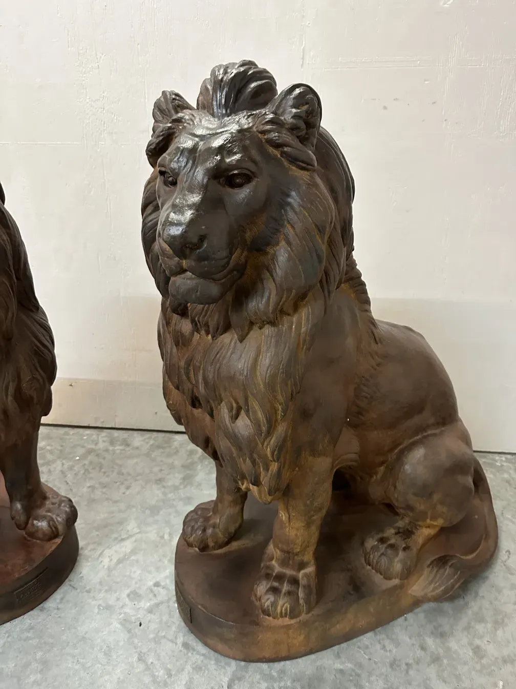 antique sculpture of 2 lions by A. Durenne, striking presence