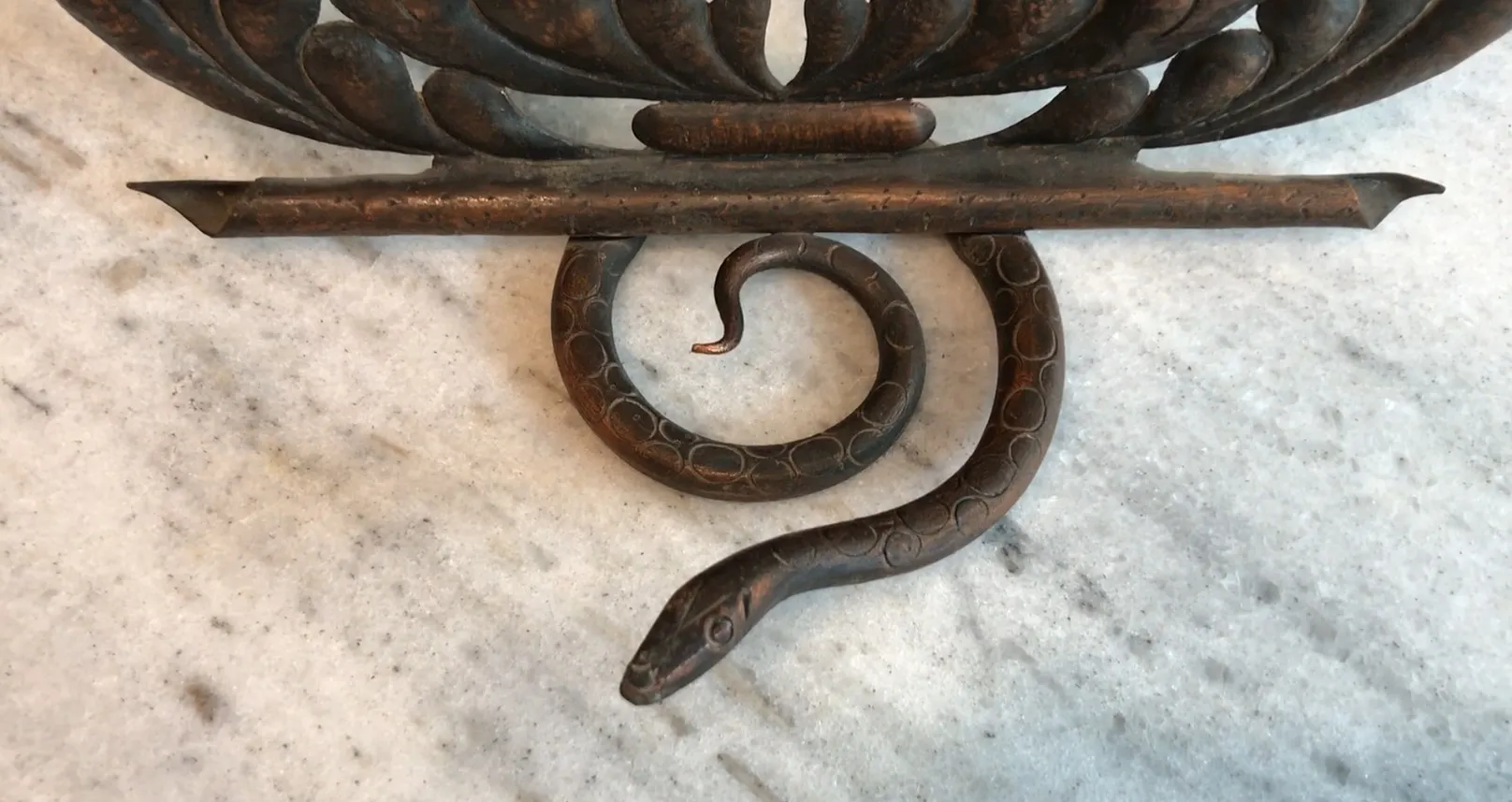 Porta-retrato antigo com forma de cobra em ambiente decorativo