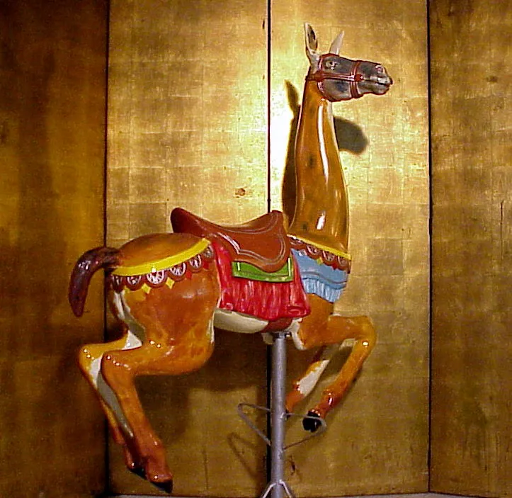 antique llama sculpture, colorful details, golden background