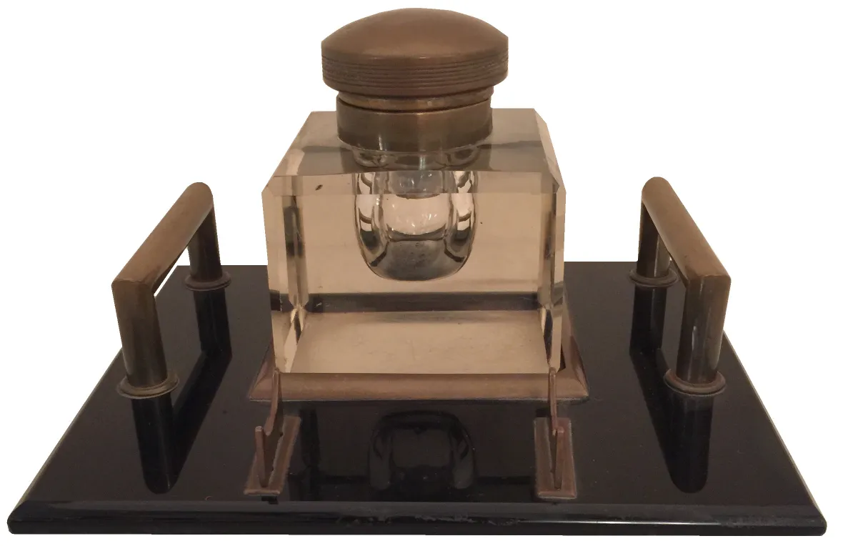 antique inkwell with lid and metal holder