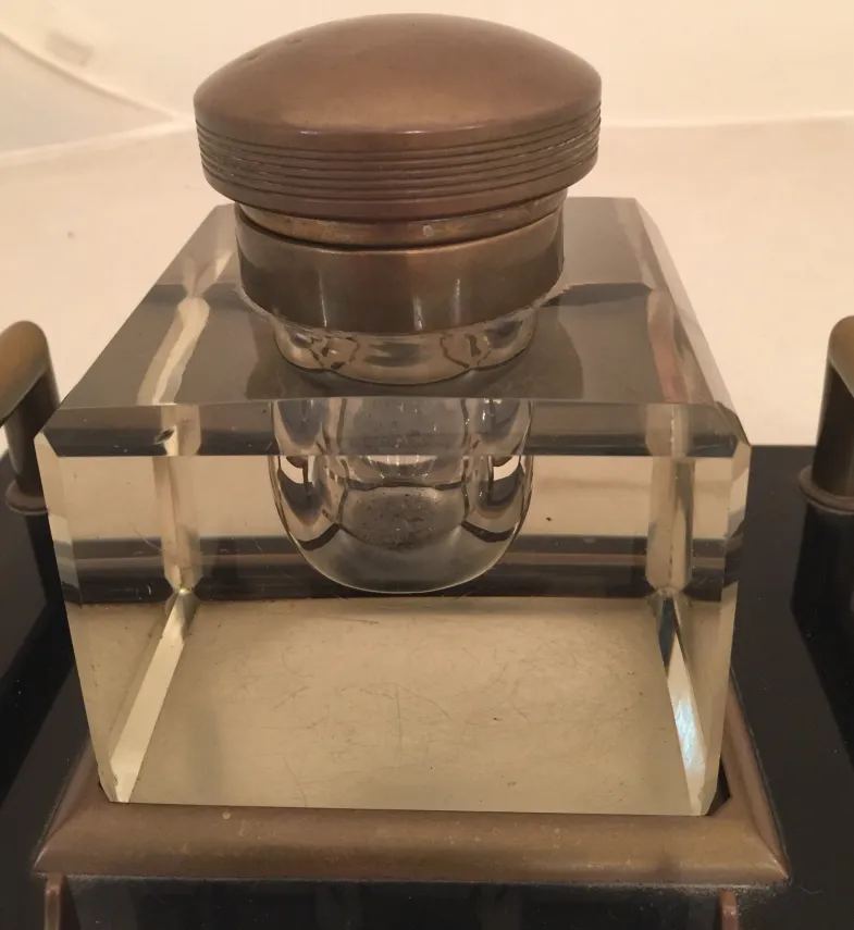 antique glass inkwell with metal lid, elegant details