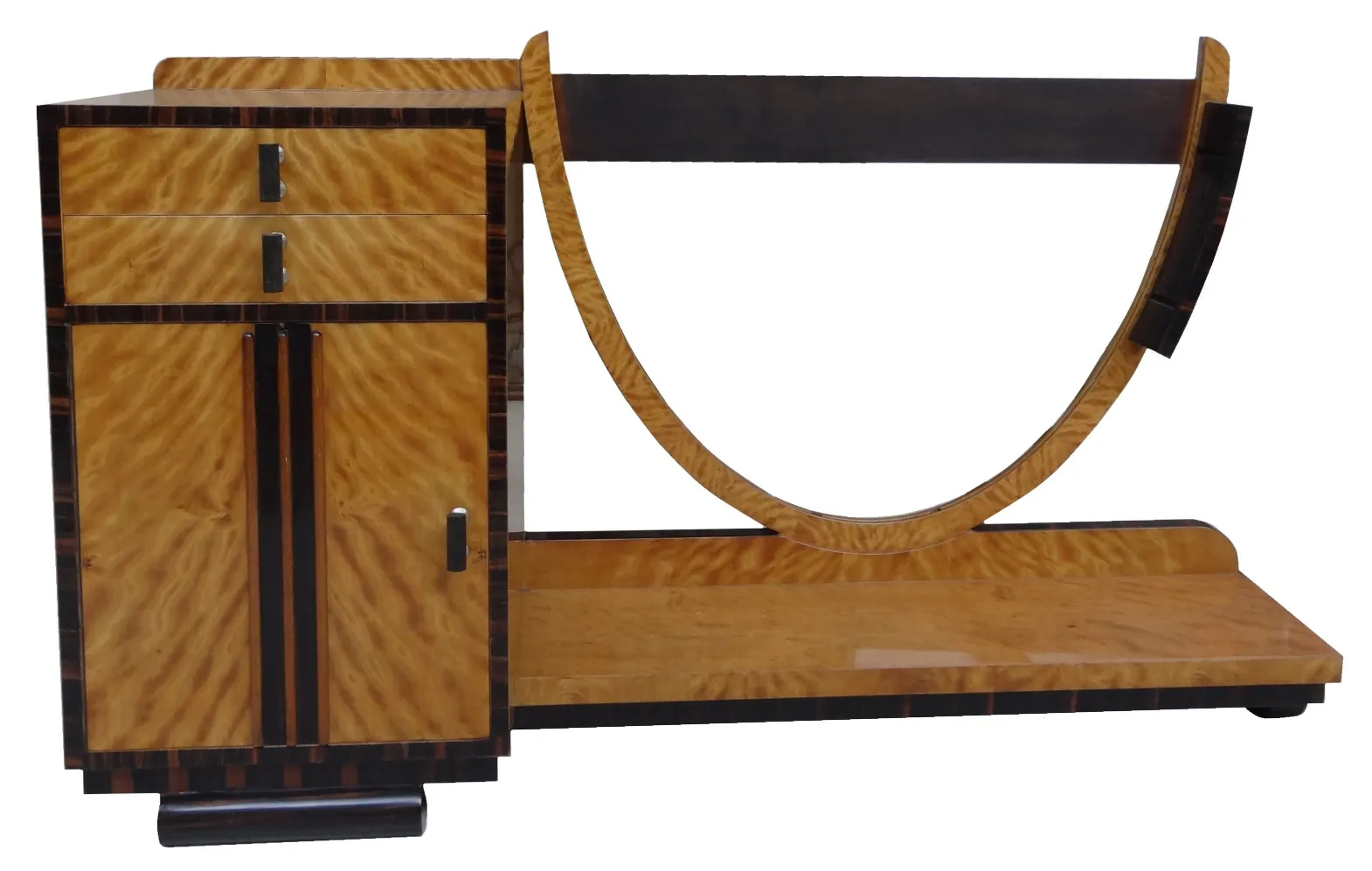 античный туалетный столик арт-деко с ящиками и изогнутым зеркалом