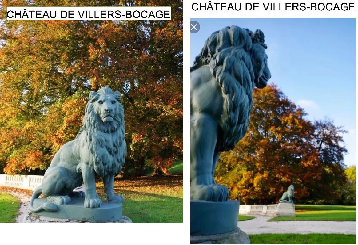 escultura de dos leones antiguos en un parque colorido