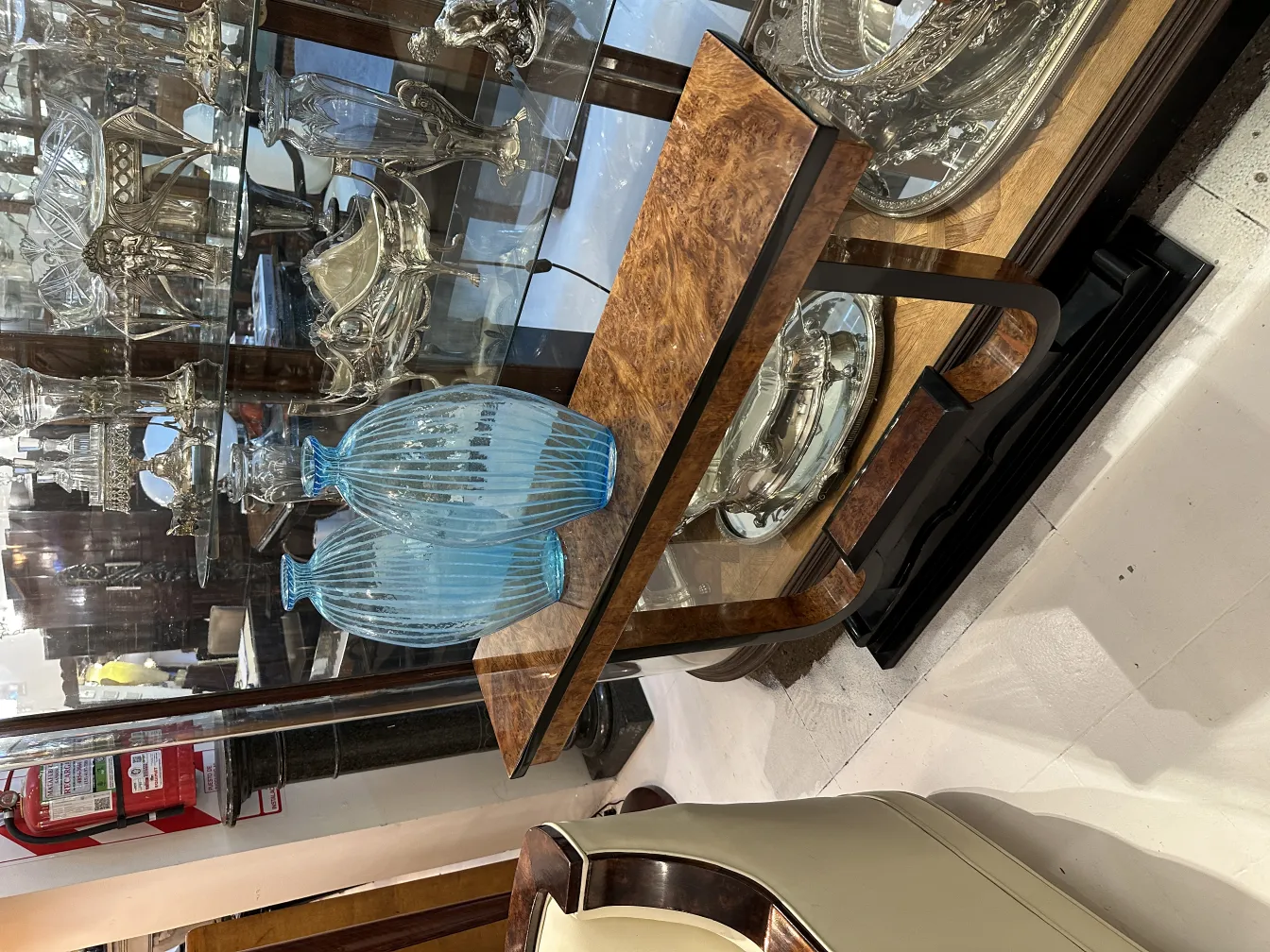 two antique blue glass vases with stripes