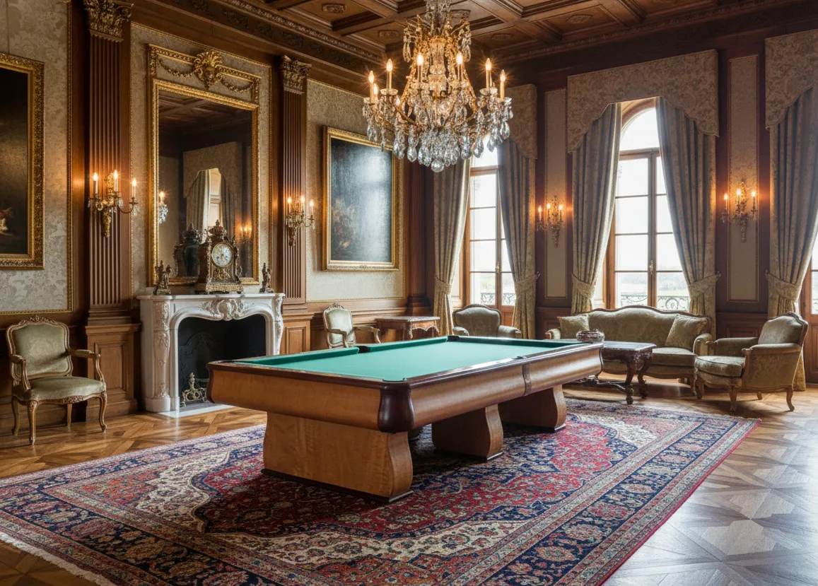 Tavolo da biliardo antico in una stanza elegante con decorazioni classiche.