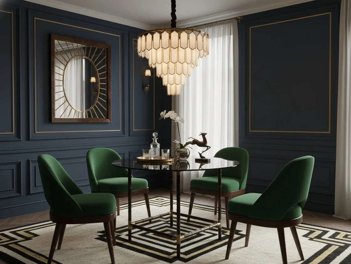 Mesa de comedor antigua con sillas verdes y lámpara elegante