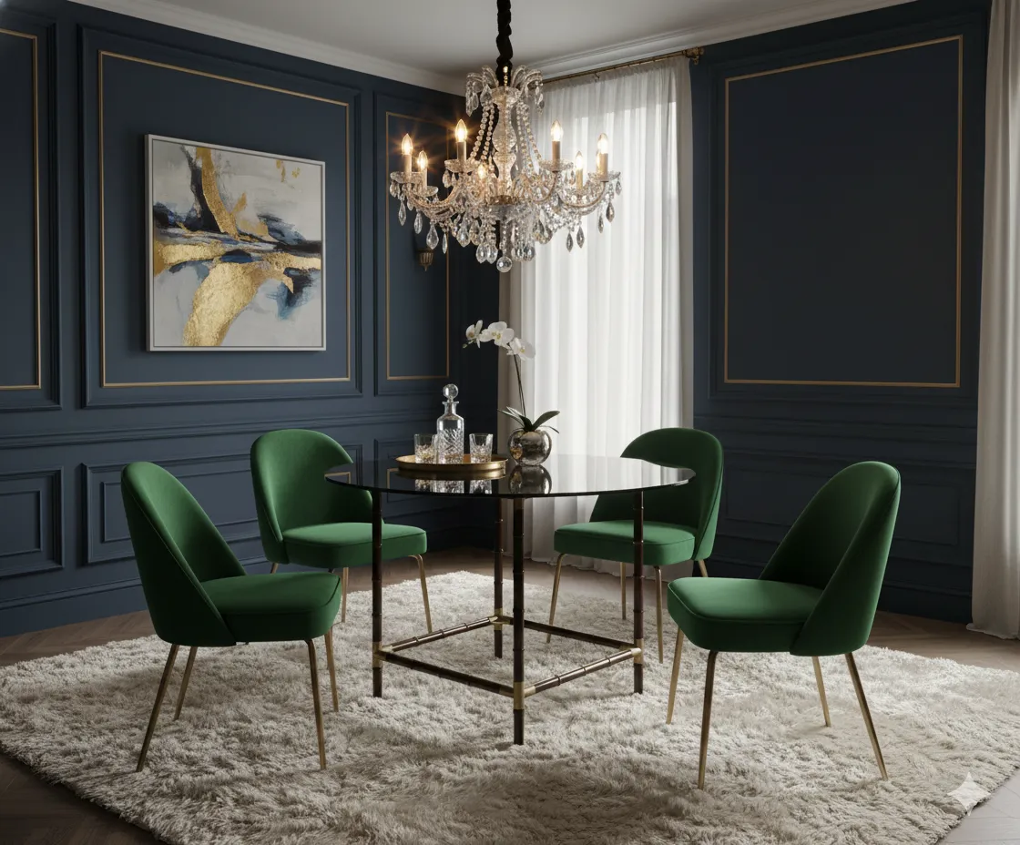 mesa de jantar antiga para quatro pessoas em um ambiente elegante com cadeiras verdes