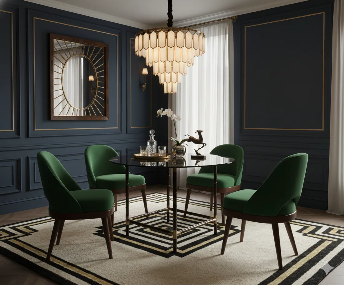 Mesa de jantar antiga de William Haines com cadeiras verdes em ambiente elegante.